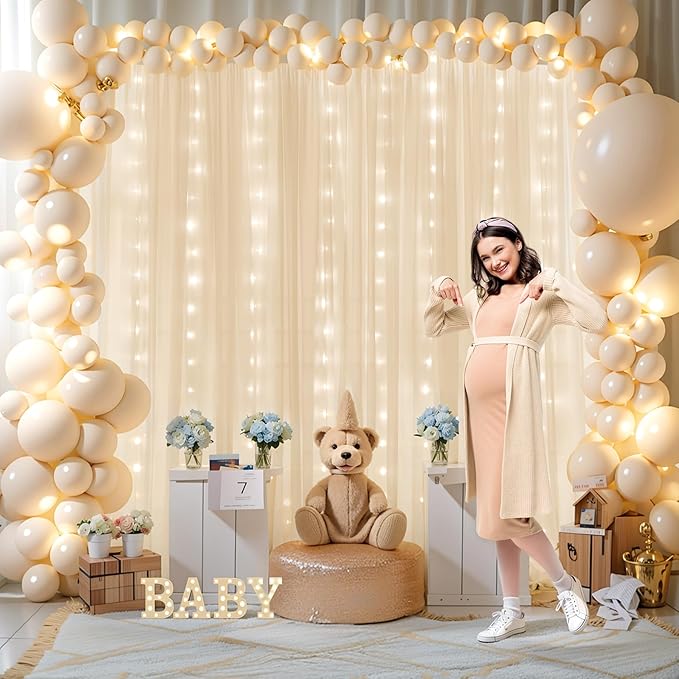 10ft x 10ft Champagne Chiffon Backdrop Curtain with Lights String for Parties,2 Panels Sheer Chiffon Curtain Wedding Backdrop with Lights for Baby Shower Birthday Ceremony Reception Home Decorations