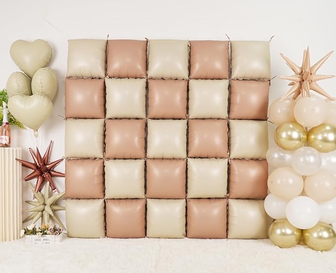 Sand White Brown Square Foil Balloons Wall, 25PCS Double Sided Boho Cream Nude Beige Balloons Tunnel Arch Kit Backdrop for Birthday Neutral Bear Bridal Baby Shower Engagement Party Decorations