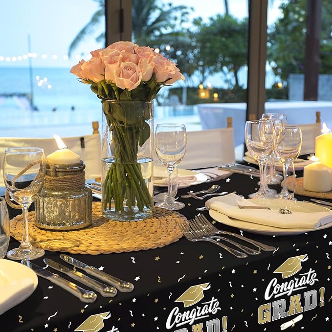 Gatherfun Graduation Decorations, Gongrats Grad Tablecover for Graduation Party Supplies, 3 pcs Class of 2026 Table Cloths, 54"x108" (Black and Gold) ﻿