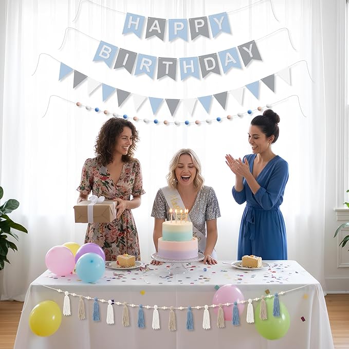 139 Pcs Felt DIY Custom Banner Kit Include 104 Letters 18 Swallowtail Flags 15 Pennants 2 Pcs Pom Pom Garland Tassel Pompom Decoration for Home Baby Shower Birthday(Baby Blue)