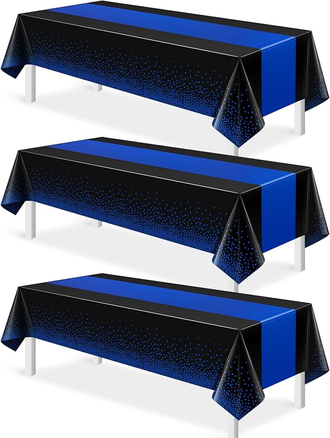 MASHAN 3Pcs Black and Blue Tablecloth Party Decorations,Plastic Black Table Cloth Printed Blue Table Runner Disposable Rectangle Cover for Birthday Wedding Anniversary Graduation Party,54 x108 Inch
