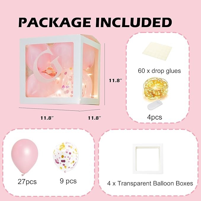 Uptotop Baby Shower Decorations Clear Balloon Blocks with Fairy String Lights, 4 Pack Transparent Balloon Boxes Including 30 Letters, 4 Warm White Fairy Lights & 36 Latex Balloons, Pink