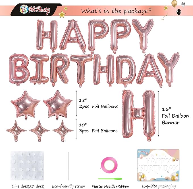 23pcs Birthday Balloons Banner, 3D Rose Gold Mylar Foil Letter Happy Birthday Banner with 5pcs Star Balloons Kits for Kids Girls Boys Men Adults Birthday Party Decorations Supplies