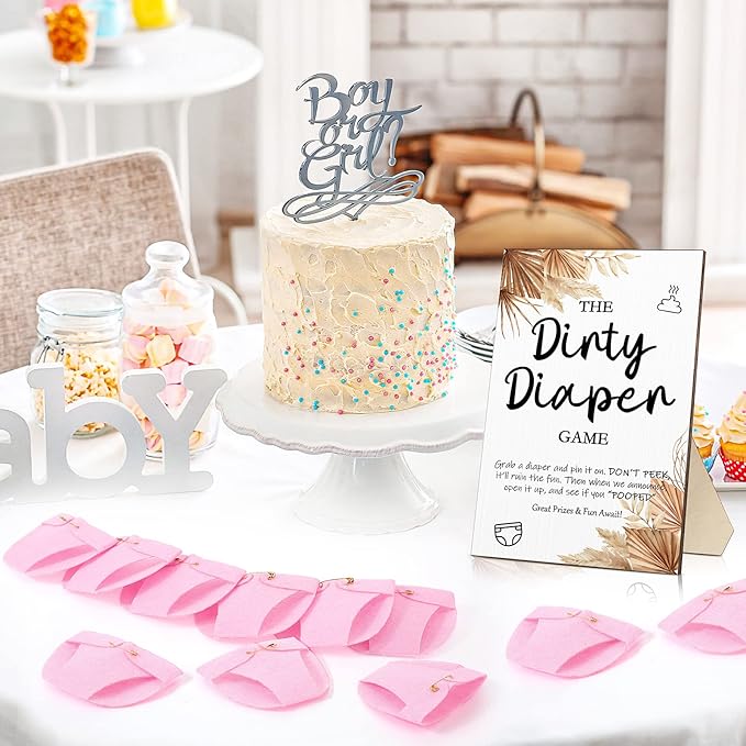 Roowest 51 Pcs Dirty Diaper Baby Shower Games Funny Wooden Sign with 50 Pcs Mini Diapers Cute Felt for Gender Reveal Party Baby Shower(Boho Pink)