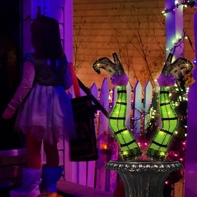 Juegoal Set of 2 Halloween Lighted Wicked Witch Legs with Stakes, 22" Light Up Tinsel Witch Prop, Halloween Yard Signs Timer & 8 Modes, Battery Operated for Outdoor Party Haunted House Garden Decor