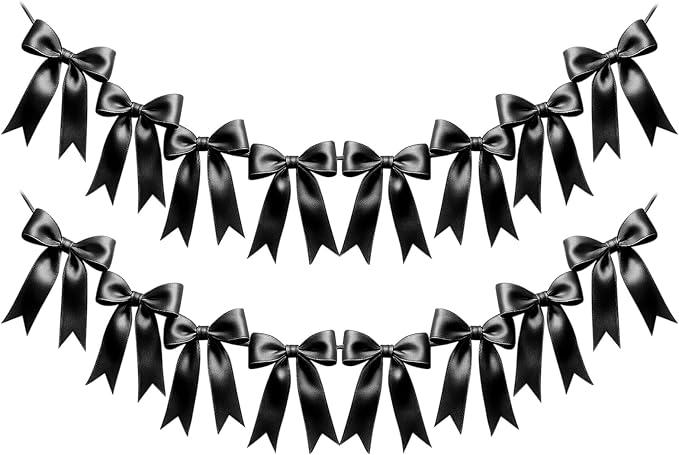 2 Strings of 16PCS Black Bow Garlands Banner Decoration,Pre-Strung Satin Ribbon Ornaments for Birthday,Bachelorette Party,Bridal Shower,Wedding,Engagement,Baby Shower, Graduation Decor,Anniversary