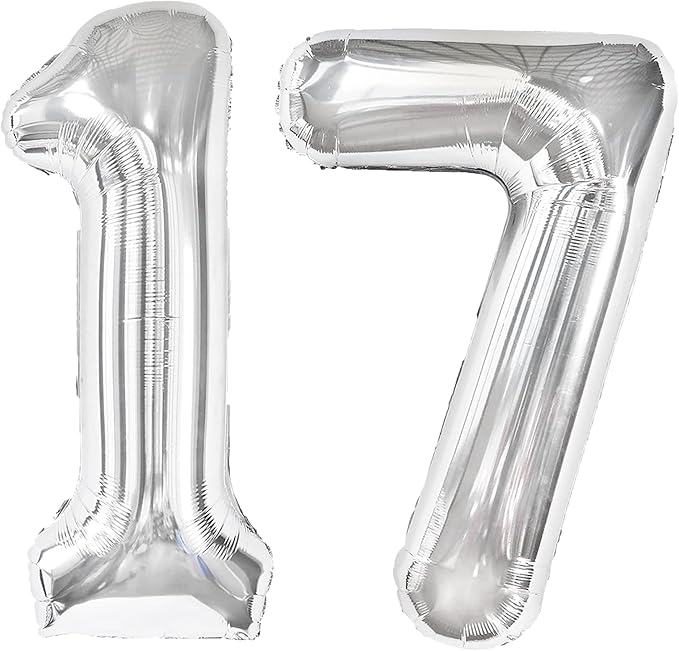 40 Inch Silver Number 17 Digital Balloon,Jumbo Mylar Foil Helium Balloon for 17 Balloons for Birthday Party,Wedding Anniversary Party Decorations