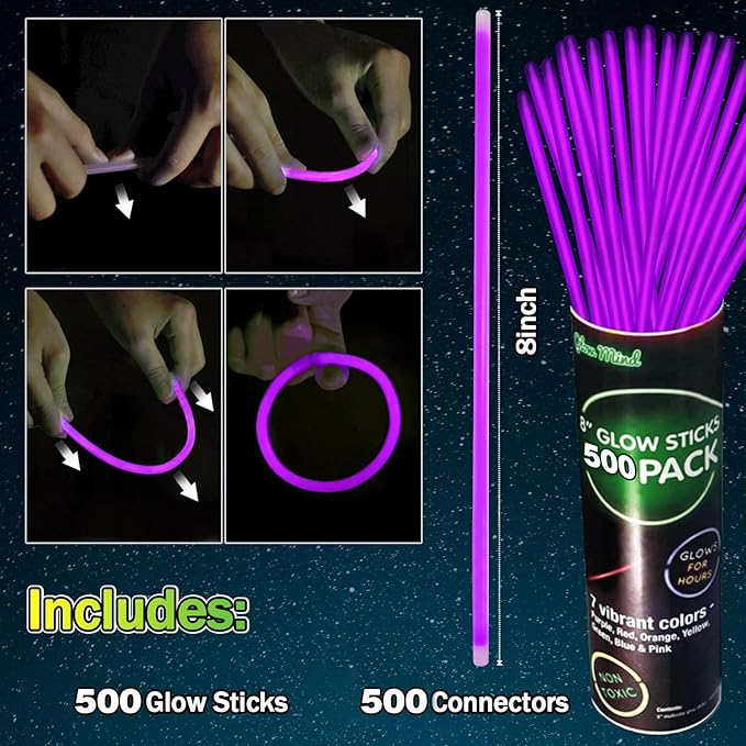500 PCS Purple Glow Sticks Glow in the Dark Bracelet Necklaces Bulk 8" Glowsticks with Connectors 4th of July Sticks Neon Party Favor for Christmas NewYear Mardi Gars Valentines Day Wedding