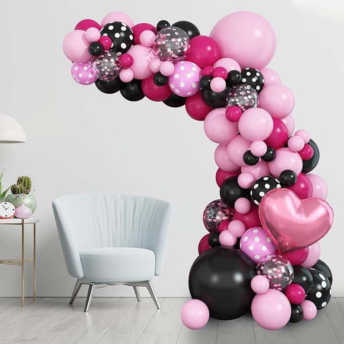 Pink Black Balloon Arch Kit, Pastel Hot Pink Black Dot Balloons Garland with Bow Heart Foil Balloons for Girls Kids Birthday Baby Shower Wedding Party Decor