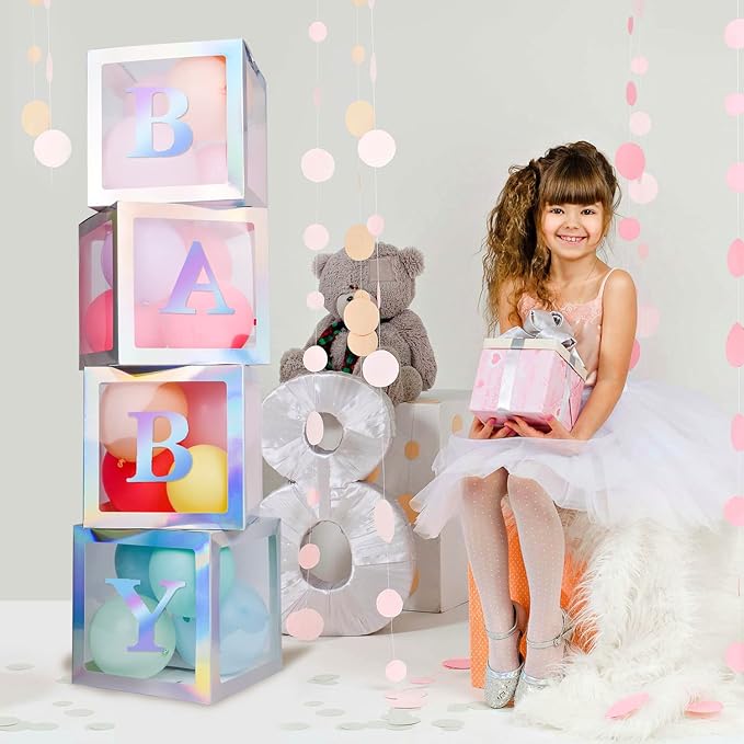 Baby Boxes with 4 PCS Letters for Baby Shower White Clear Balloon Box Blocks Gender Reveal Decorations and Birthday Party (Silver)