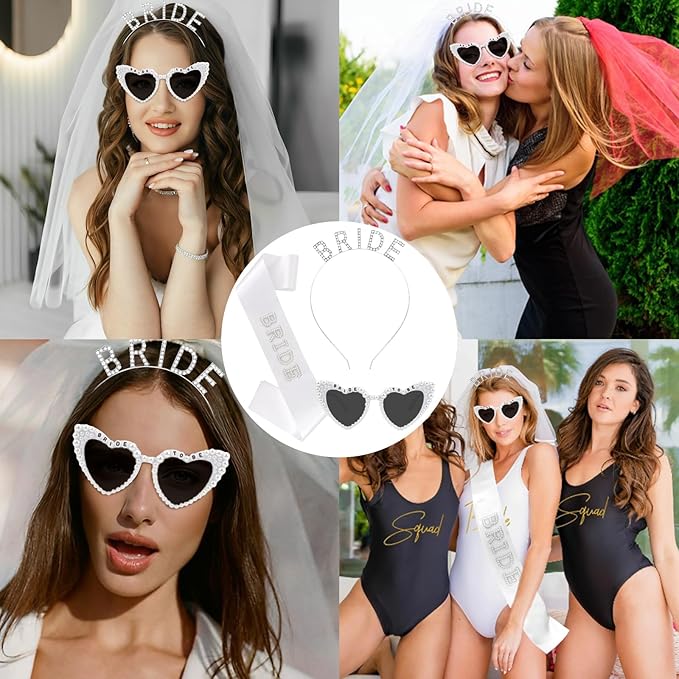 Bride To Be 3-Piece Set - Rhinestone BRIDE Headband, Pearl Heart Sunglasses & Rhinestone Sash for Bachelorette Party, Bridal Shower & Wedding Celebrations
