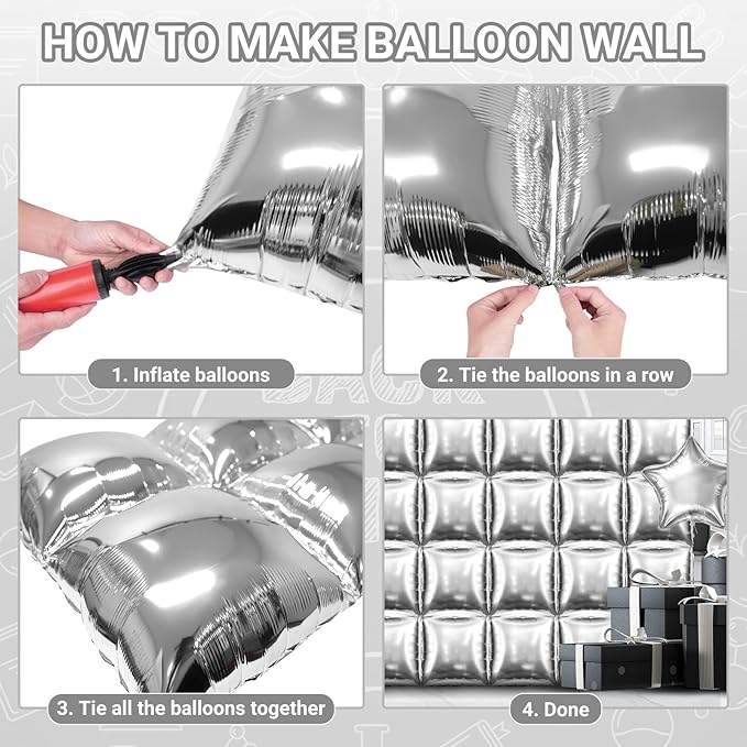 50 PCS Metallic Silver Square Foil Balloons Wall Backdrop 19'' Reusable DIY Mylar Balloon Tunnel Arch Kit for Birthday Engagement Bridal Baby Shower Graduation Bachelorette Party Decor