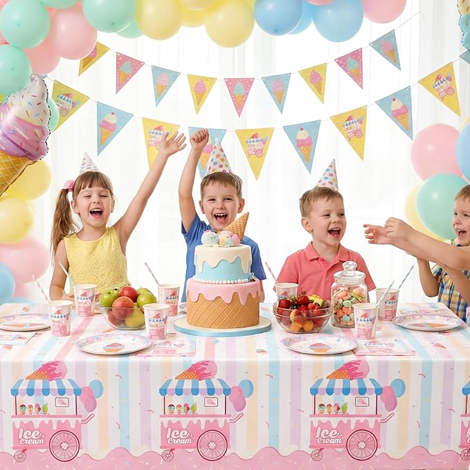3 Pack Ice Cream Tablecloths Party Decorations, 54 x 108 Inch Disposable Ice Cream Birthday Themed Table Cloth Waterproof Rectangle Party Table Cover for Kids Sweet One Birthday Baby Shower