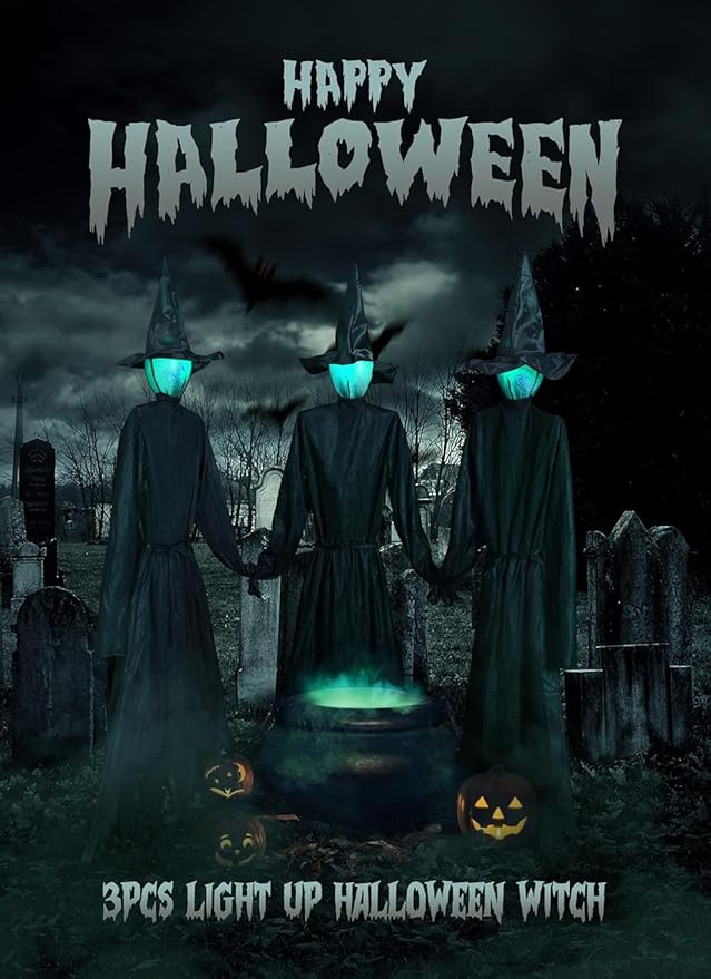 Halloween Decorations Outdoor 3PCS Light Up Witches Holding Hands Witches with Stakes, Scary Screaming Witches with Glowing Face, Creepy Halloween Party Props Decor for Yard Garden Outside Lawn Porch