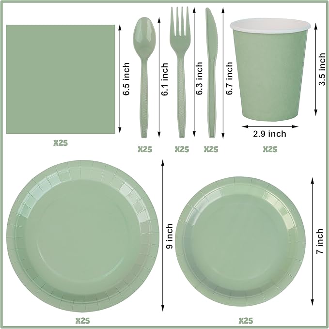 177 PCS Sage Green Party Supplies Sage Green Tableware Set Paper Plates Napkins Cups and Disposable Tablecloths for Wedding Bridal Shower Birthday Baby Shower Party Decorations, Serves 25