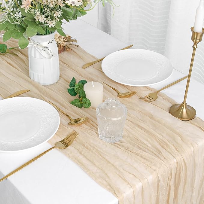 FEXIA 6 Pack Beige Gauze Table Runner 35x120 Inches for Centerpiece Table Decorations Ivory Cheesecloth Rustic Boho Table Runner for Bridal Shower Wedding Party First Communion Centerpiece Engagement