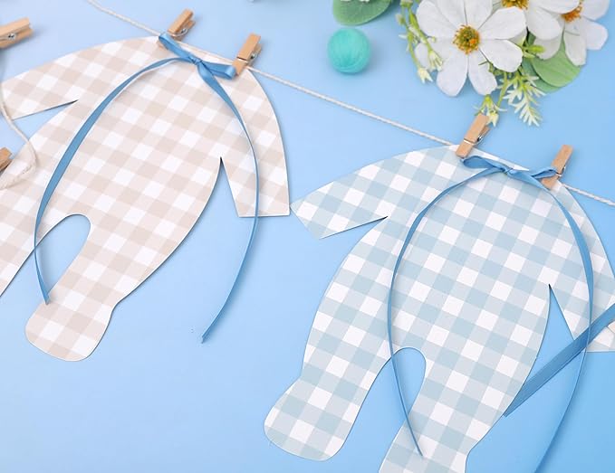 Blue and Cream Baby Onesie Garland – 8 PCS Big Size Baby Shower Banner, Baby Clothesline Garland, Blue Plaid Baby Bodysuit Cutouts for Gender Neutral Baby Shower or Nursery Decor