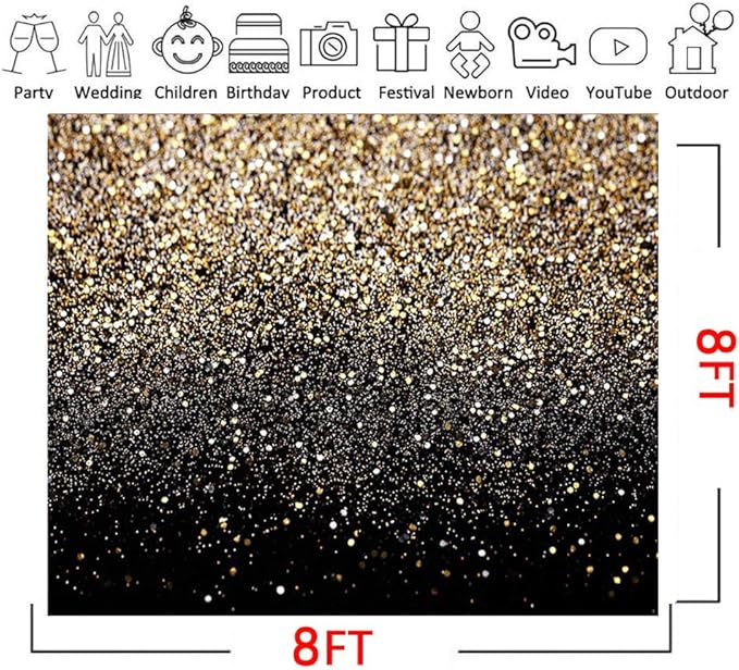 CYLYH 8x8ft Black & Gold Glitter Backdrop - Wedding, Graduation, Birthday - Vinyl Material