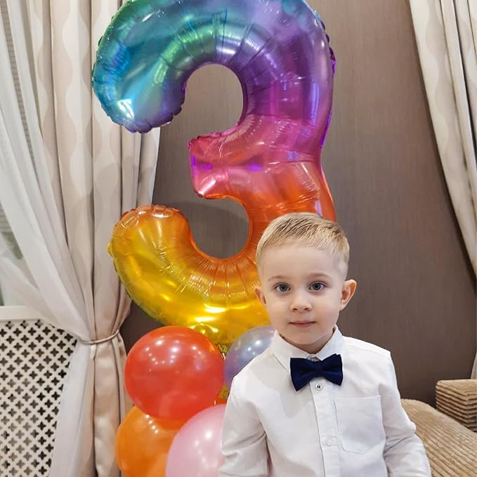 40 Inch Rainbow Number Balloon 3, Large Number Foil Balloons Mylar for Girl Boy Birthday Party Celebration Decorations Supplies, Digital Balloons for Wedding Anniversary Events Decorations