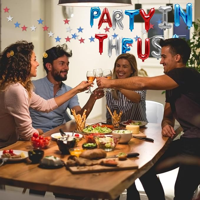 4th of July Decorations Stars Set, Red White Blue Star Streamers, "Party in the USA" Balloons for Patriotic Memorial Veterans Labor Independence Day Decor