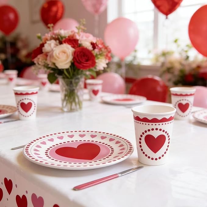 Valentines Day Paper Plate Tableware Set - 177 pcs Heart and Love Disposable Dinnerware with 2 Tablecloth - Red Paper Plates Napkins Cups for Valentines Day Kids School Office Party Supply