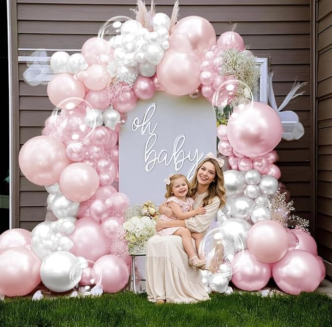 Pearl Pink White Balloon Arch Double Stuffed Pastel Light Pink White Cream Balloon Garland Kit with Bobo Balloons for Birthday Wedding Bridal Baby Shower Mother's Day Bachelorette Party Decor