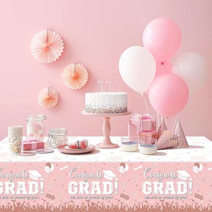 6 Pack Graduation Tablecloth Party Decorations, Class of 2026 Congrats Grad Plastic Tablecover Party Supplies, Pink Rectangle Graduation Table Decorations for College High School Party, 54 x 108 Inch