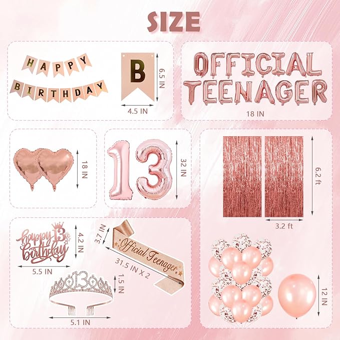 13th Birthday Decorations for Girls, Official Teenager Party Supplies Rose Gold Foil Balloons, Tiara Tassel Curtains Sash Balloons Numbers Banner Cake Topper for 13 Birthday Girl Decorations