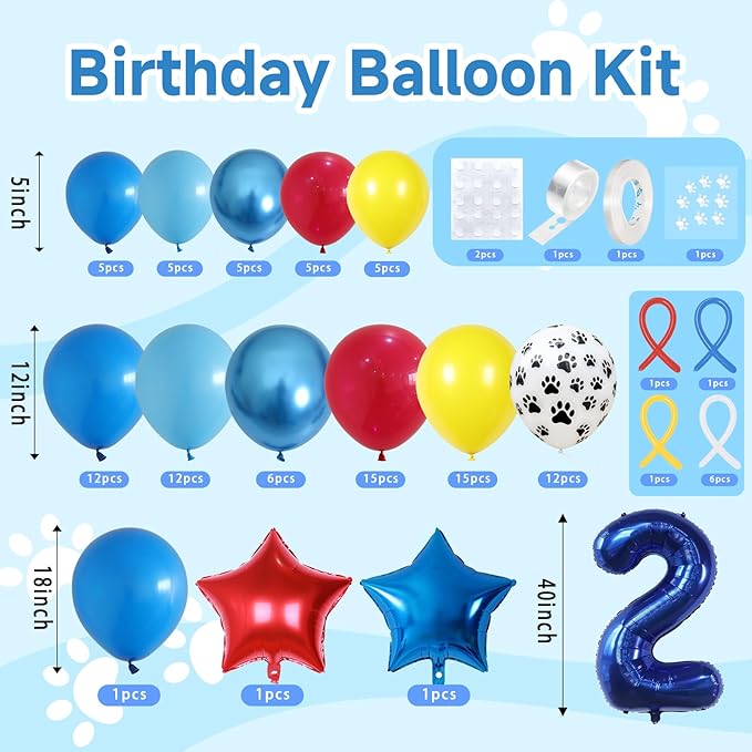 2nd Birthday Decorations for Boy, Dog Paw Second Birthday Balloons Arch with Red Blue Yellow Latex Balloons and Number 2 Balloon Star Foil Balloon for Paw Party Supplies