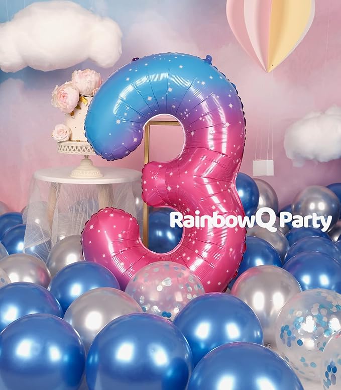 Number 3 Balloon 40 Inch for Boy or Girl Big Starry 0-9 Foil Mylar Large 3 Number Balloon Happy 3rd Birthday Party Anniversary Decorations Supplies