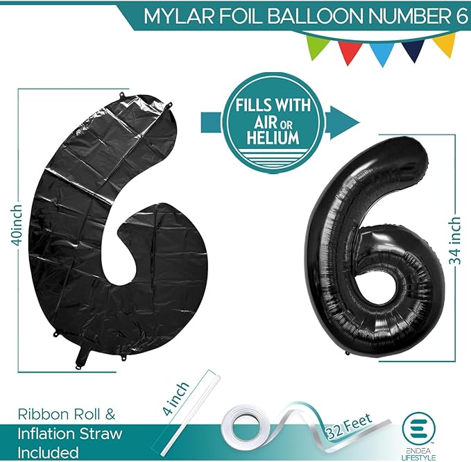 40 Inch Large Black Number Celebration and Decoration Balloon for Birthday Parties, Graduations, Anniversaries, Weddings, Photo Shoots, Special Events - Helium Foil Mylar (Black Number 6)