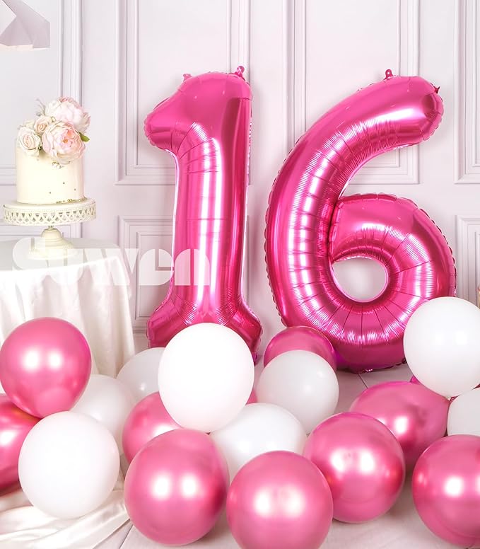 SUWEN 40 Inch Hot Pink Large 16 Number Balloons Big Foil Helium Number Balloons 0-9 Jumbo Happy 16th Mylar Birthday Party Decorations for Girl or Women 61 Anniversary Party Supplies