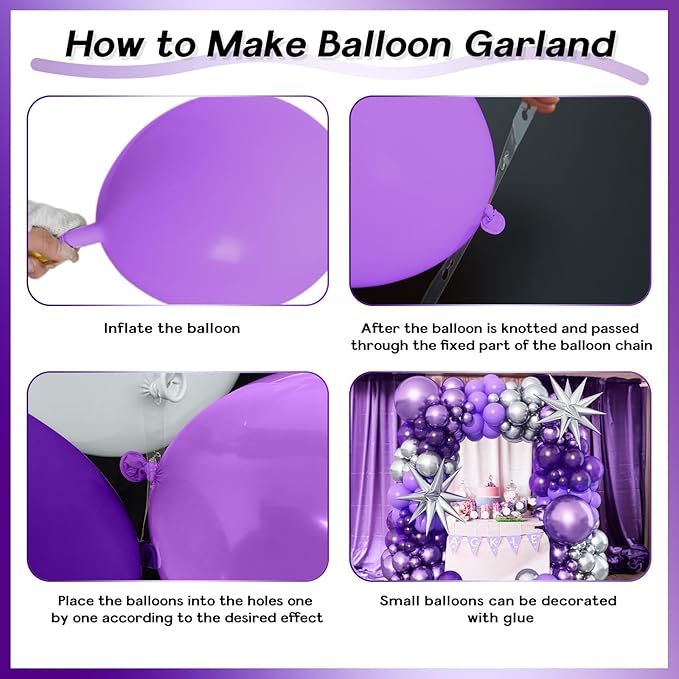 Dark Purple Balloon Arch Kit with 2pcs Spike Balloons, 110pcs Pastel Purple and Metallic Purple Silver Garland for Girls Women Wedding Anniversary Birthday Baby Shower Party Decorations Supplies
