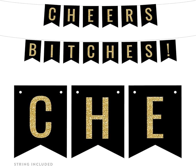 Andaz Press Faux Gold Glitter on Black Bridal Shower Bachelorette Party Banner Decorations, Cheers Bitches!, Approx 5-Feet, 1-Set, Colored Hanging Pennant Decor