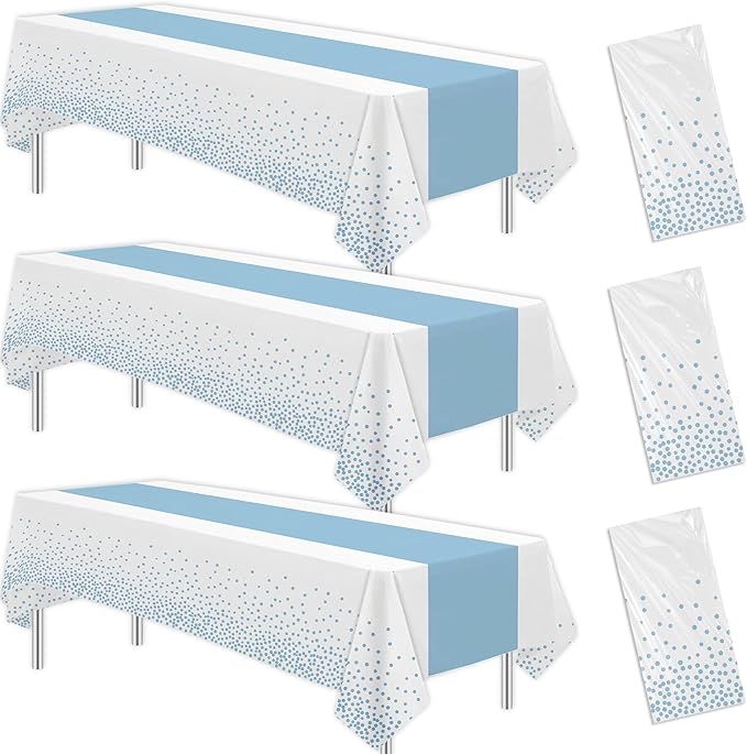 White and Blue Party Decorations Tablecloth, 3 Pack Disposable Light Blue Dot Table Cover Printed Table Runner for Birthday Baby Bridal Shower Wedding Anniversary Graduation, 86in x 55in