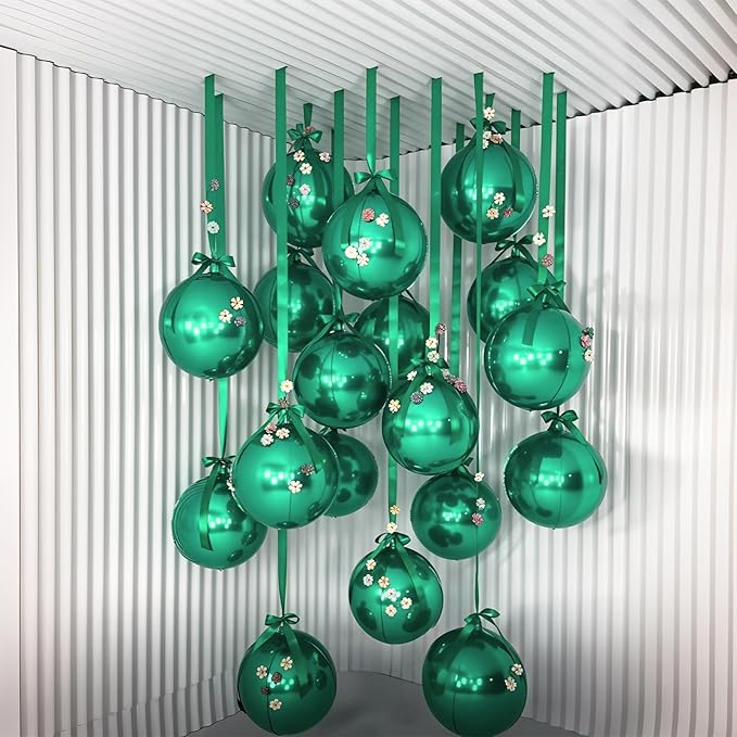14 Pcs Green Round Foil Balloons 22/15/10 Hunter Emerald Forest Green Metallic 4D Ball Balloon Ornament Mylar Balloon Chrome Birthday Grad Wedding Anniversary Safair New Year Disco Party Decor