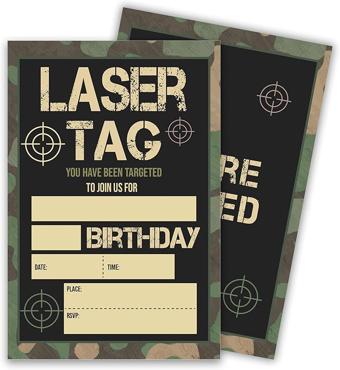 Laser Tag Camo Birthday Party Invitations, Laser Tag Theme Invites Cards, 20 Count with Envelopes, 4 x 6 Double Sided Printed Fill In Blank, Party Supplies for Boys Girls Teen