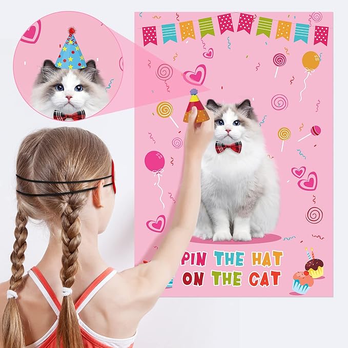Pin The Hat On The Cat Party Game Cat Birthday Party Games for Kids, Cat Birthday Party Supplies Decorations for Girls Boys, Large Pin The Tail Poster with 54 Hat Stickers