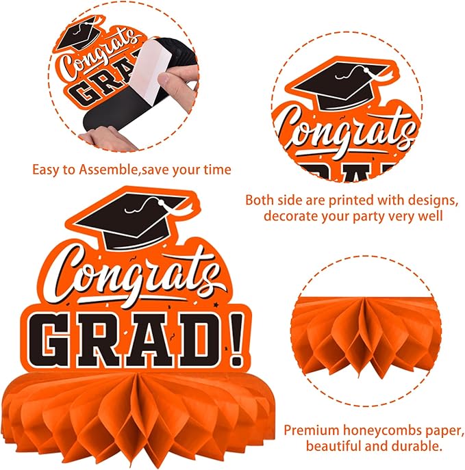 9PCS Graduation Party Decorations Class of 2026 Congrats Grad Table Centerpiece Congratulate Graduation Honeycomb Table Toppers for Graduation Party Supplies(Orange,Black）