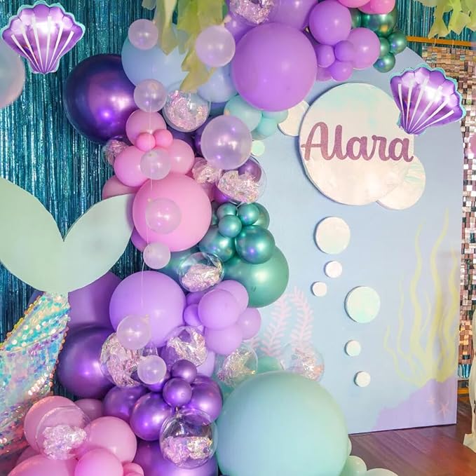 1st Mermaid Birthday Decorations for Girls,First Party Decorations Metallic Purple Green Pink Blue Latex Balloons Number 1 Seashell Foil Balloons Banner Cake Topper Sea Party Decor