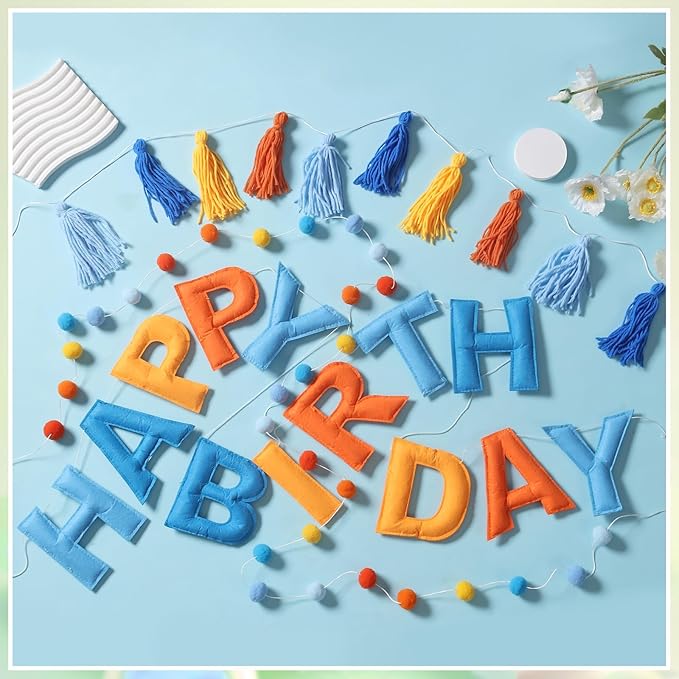 Pre-Strung Happy Birthday Banner Blue and Orange Party Decorations Felt Ball Garland Sign for Blue Dog Birthday Party Décor