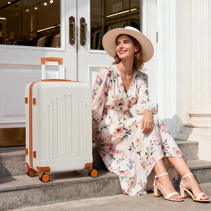 Karl home 28 Inch Check-in Luggage with Spinner Wheels, ABS Hardshell Checked Suitcase with TSA Lock, Durable Large Suitcase Rolling Luggage for Men Women, White & Brown