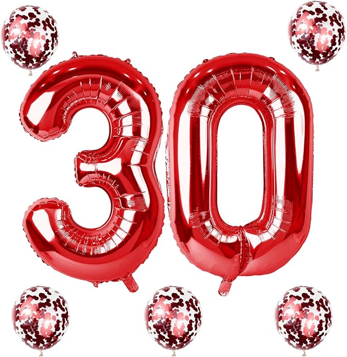 Red 30 Birthday Balloon Numbers, 40 Inch Big Foil Mylar Number 3 and 0 Balloons with Red Confetti Latex Helium Balloons Set for Men Women 30th 3rd Birthday Anniversary Party Decorations Supplies