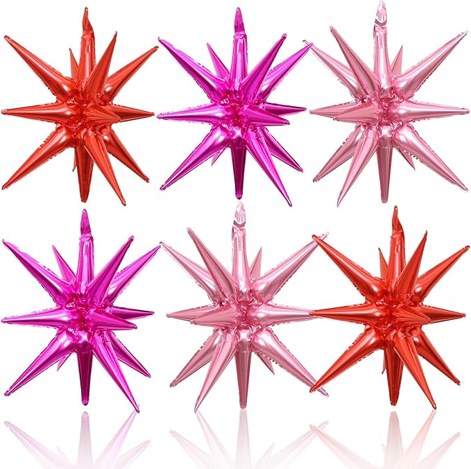 6PCS Star Balloons, 22Inch Huge Hot Pink Red Pink Star Balloon Foil Spike Cone Balloons for Girls Women Birthday Bridal Shower Valentine's Day Party Decorations