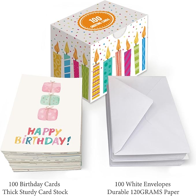 100 Birthday Cards, Happy Birthday Cards Bulk with Short Message Inside, 5x7 Inch Thick Card Stock Assorted Birthday Cards with Envelopes,10 Unique Designs for Men and Women.