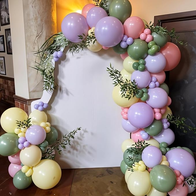 Pink Purple Green Balloon Arch Kit, 122Pcs Dusty Pink Light Green Macaron Yellow Pastel Balloons for Kids Girl Flower Party Decorations Spring Baby Shower Wedding Engagement Fairy Birthday Supplies