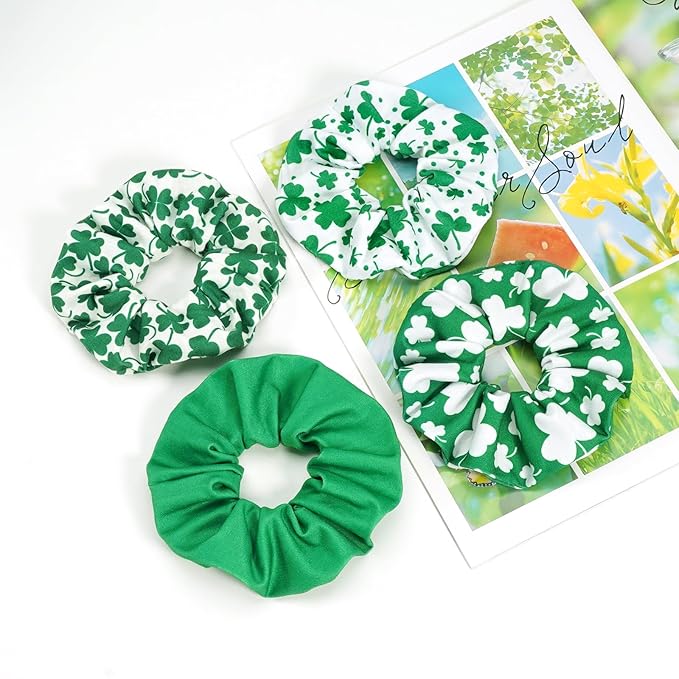 St.Patrick's Day Hair Ties for Woman Girls Green Shamrock Hair Scrunchies Elastic Irish Lucky Leaf Clover Hair Tie St.Patricks Party Supplies St.Patrick's Hair Accessories
