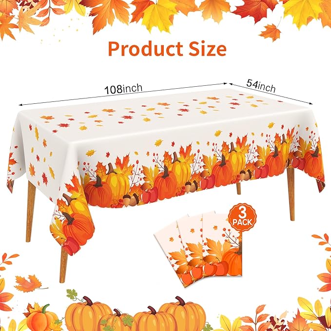 Slergut Thanksgiving Tablecloth Disposable 3 Pack, Thanksgiving Decorations for Party Fall Tablecloth Plastic 54" x 108" Table Decor Party Supplies Indoor and Outdoor Friendsfiving Fall Decorations