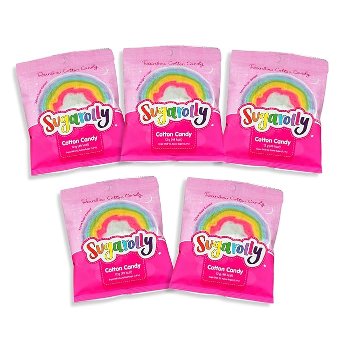 Sugarolly Rainbow Cotton Candy, Individually Wrapped 5 flavors in one pack, Korean Cotton Candy, Party Flavors Supplies Birthdays, goodie bags for Kids, Sweet treat for all ages, 12g bag (5-pack)