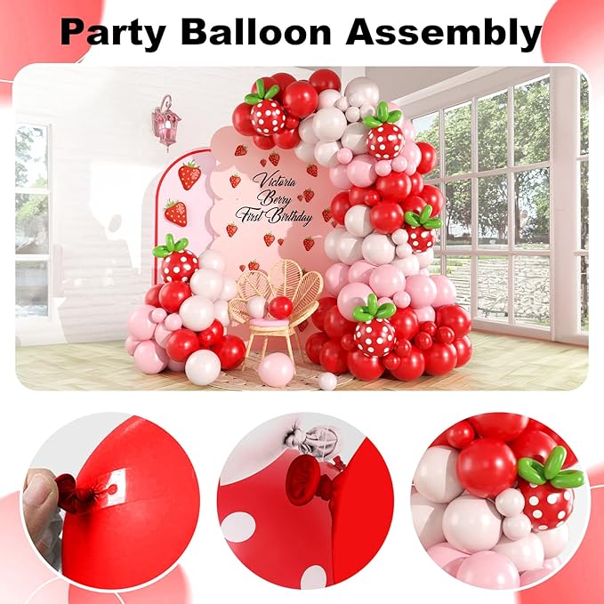 Strawberry Balloon Arch Garland Kit, Red and Hot Pink Balloons with Strawberry Printed and Green Long Latex Balloons for Girls Sweet One Berry First Birthday Baby Shower Princess Decoration Supplies